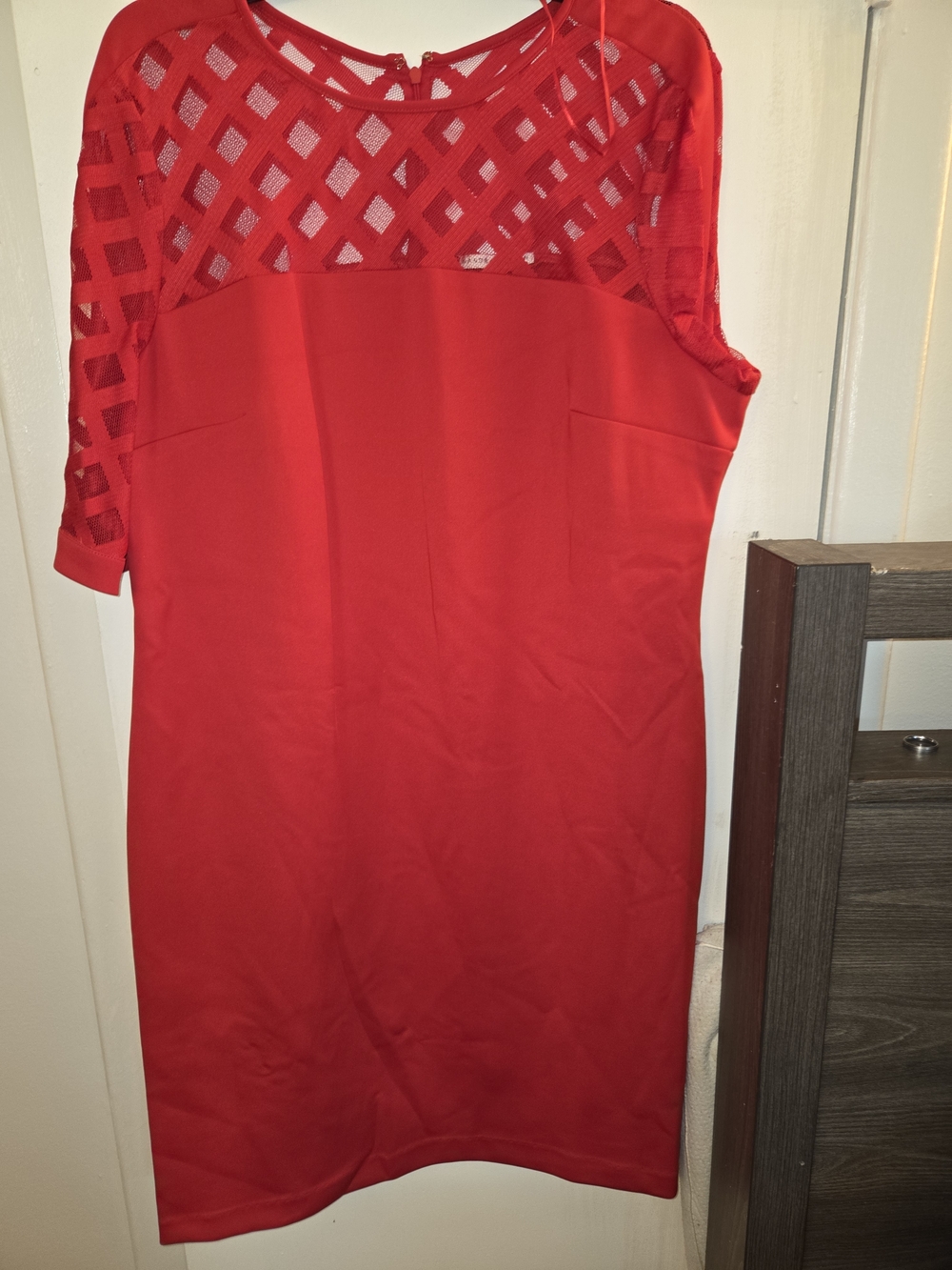 Sandra Darren Red Mesh Yoke Midi Dress